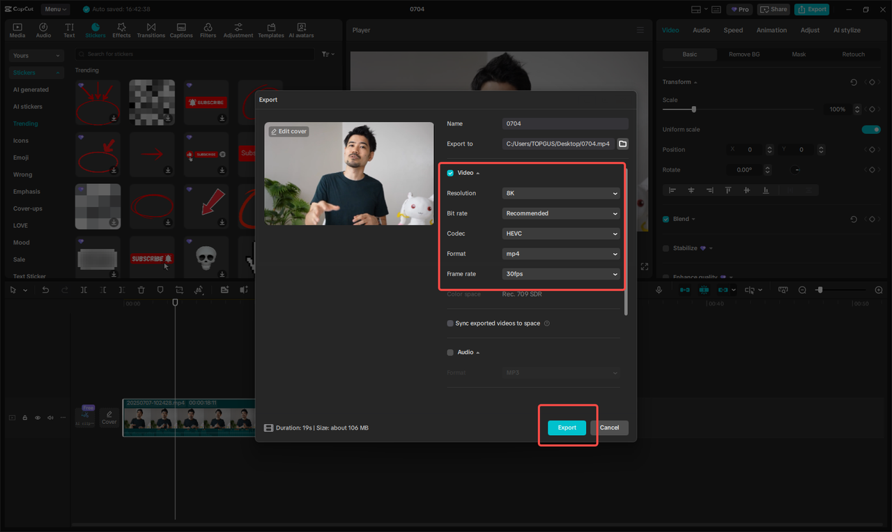 Exporting the bilingual video in CapCut