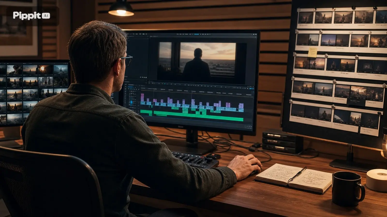 Editor de vídeo trabalhando em uma mesa com clipes de filme nos monitores e storyboards