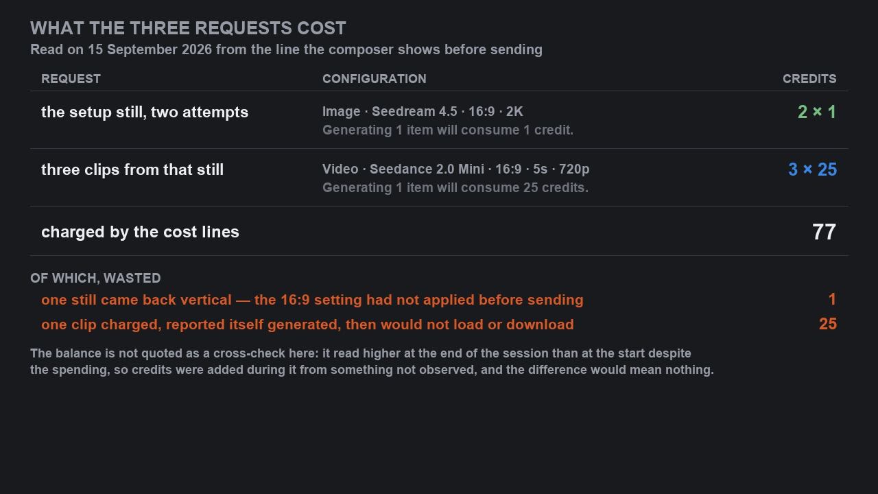 A cost table listing two one-credit stills and three twenty-five-credit clips, with a note that one still was discarded and one clip was not retrievable.