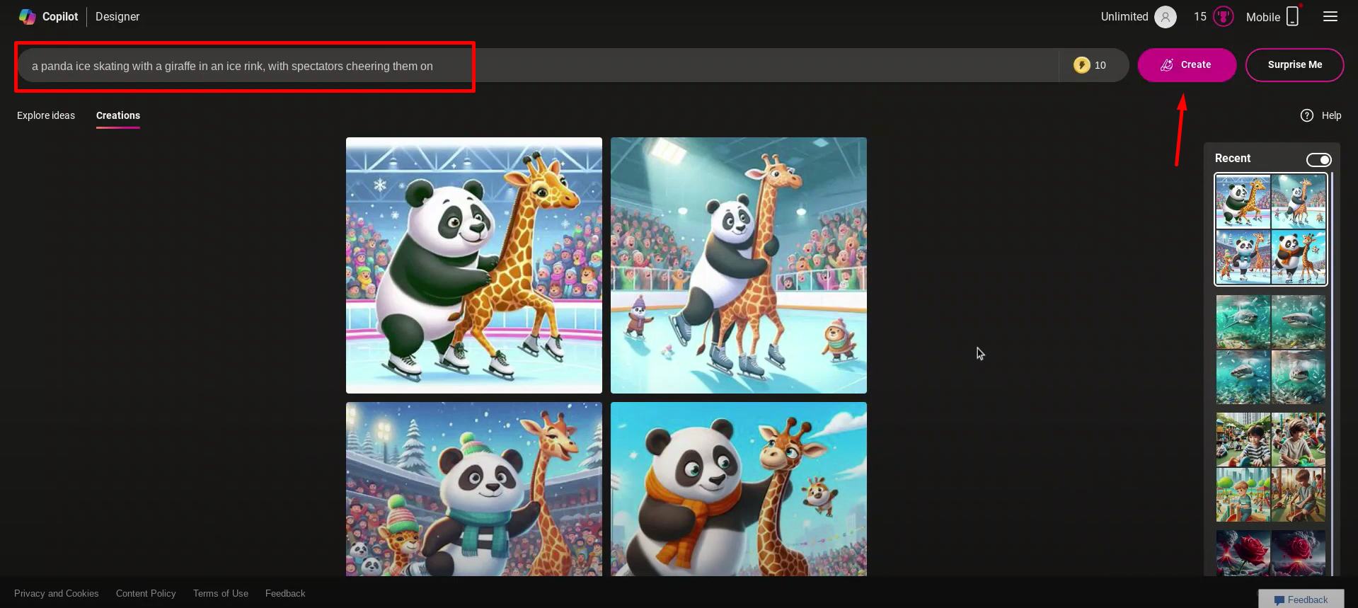 Giving a prompt in the Copilot Bing AI image generator