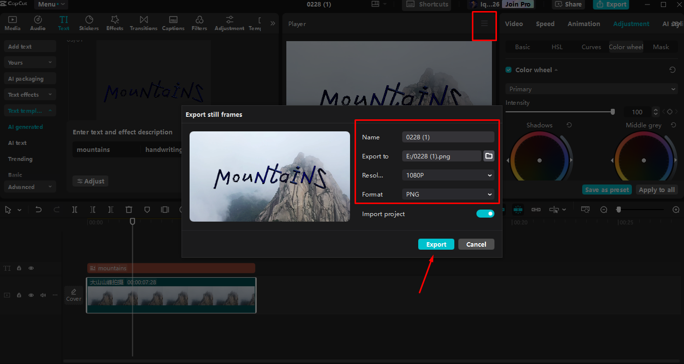 Exportieren des Bildes aus dem CapCut Desktop-Video-Editor