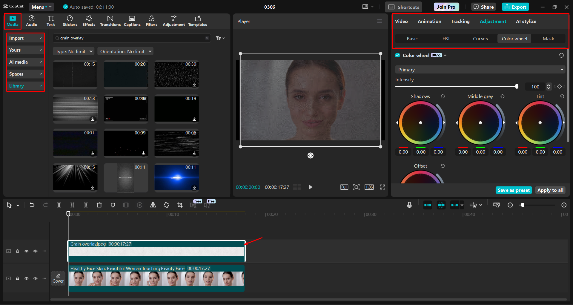 Adding and enhancing a film noise overlay to videos in the CapCut desktop video editor