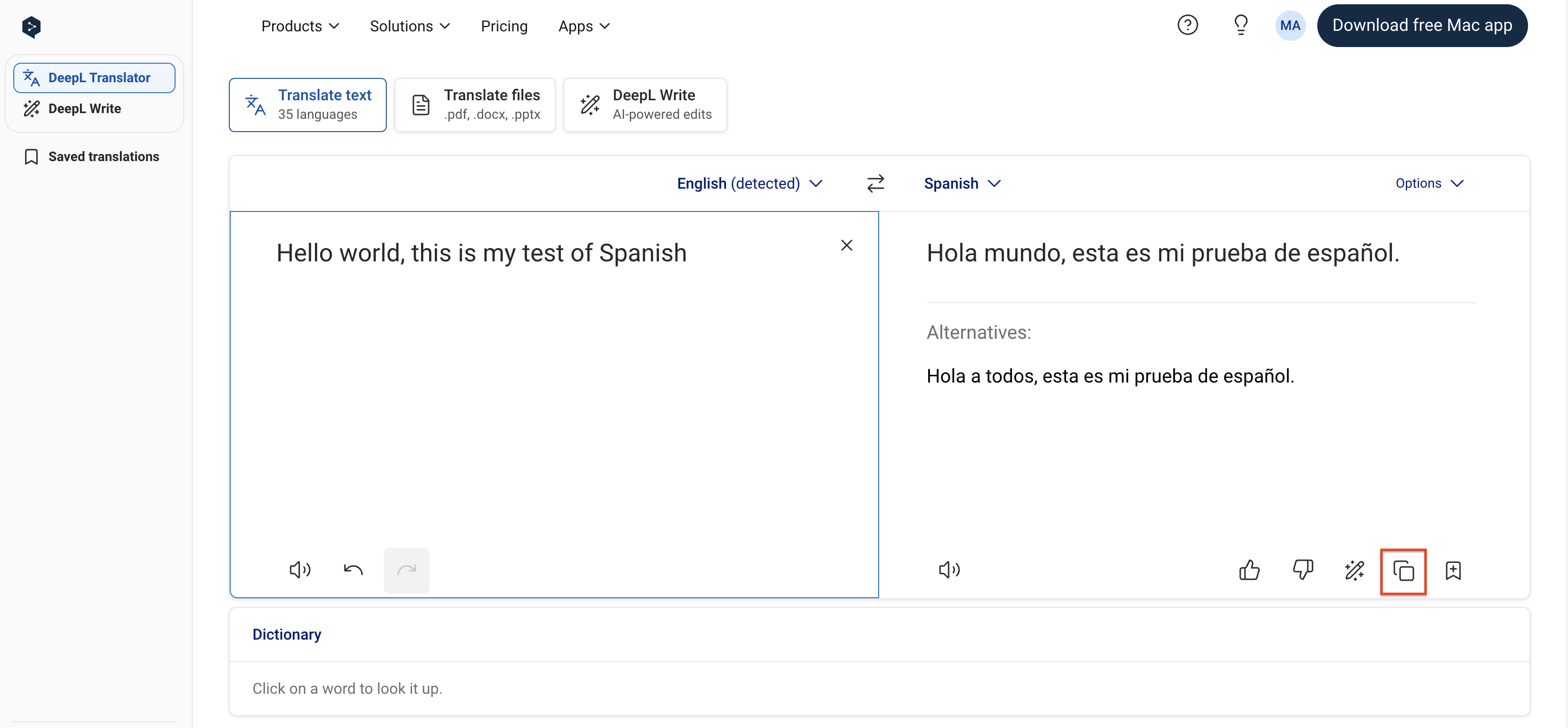 Copy translated text