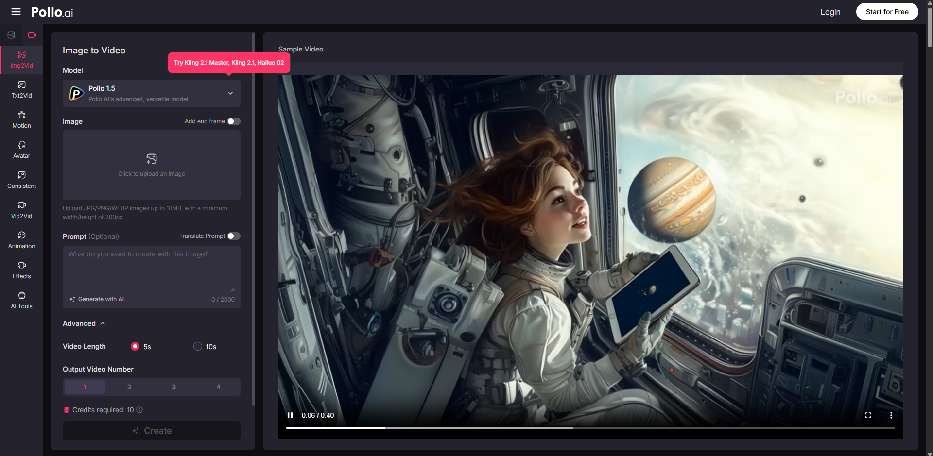 Interface of Pollo AI - the best tool for free AI photo to video conversion