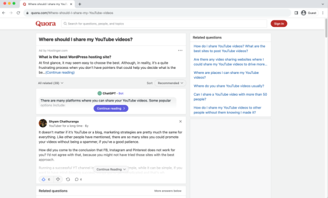 Interface de Quora - un endroit très accessible pour promouvoir des vidéos YouTube