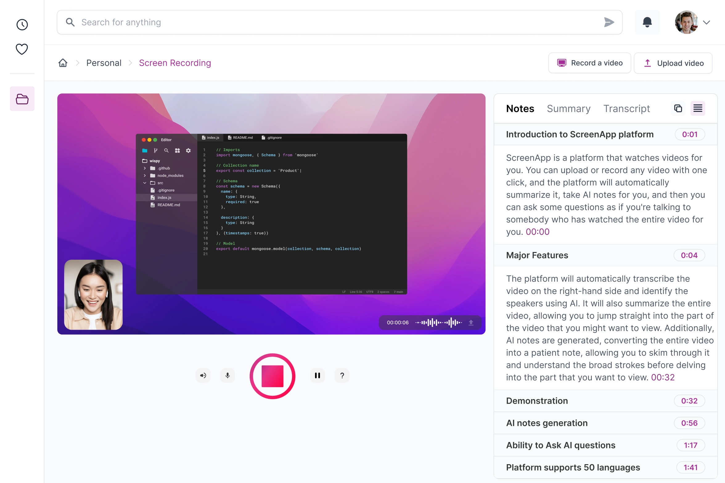 Interface of ScreenApp - the best tool for AI video note taking