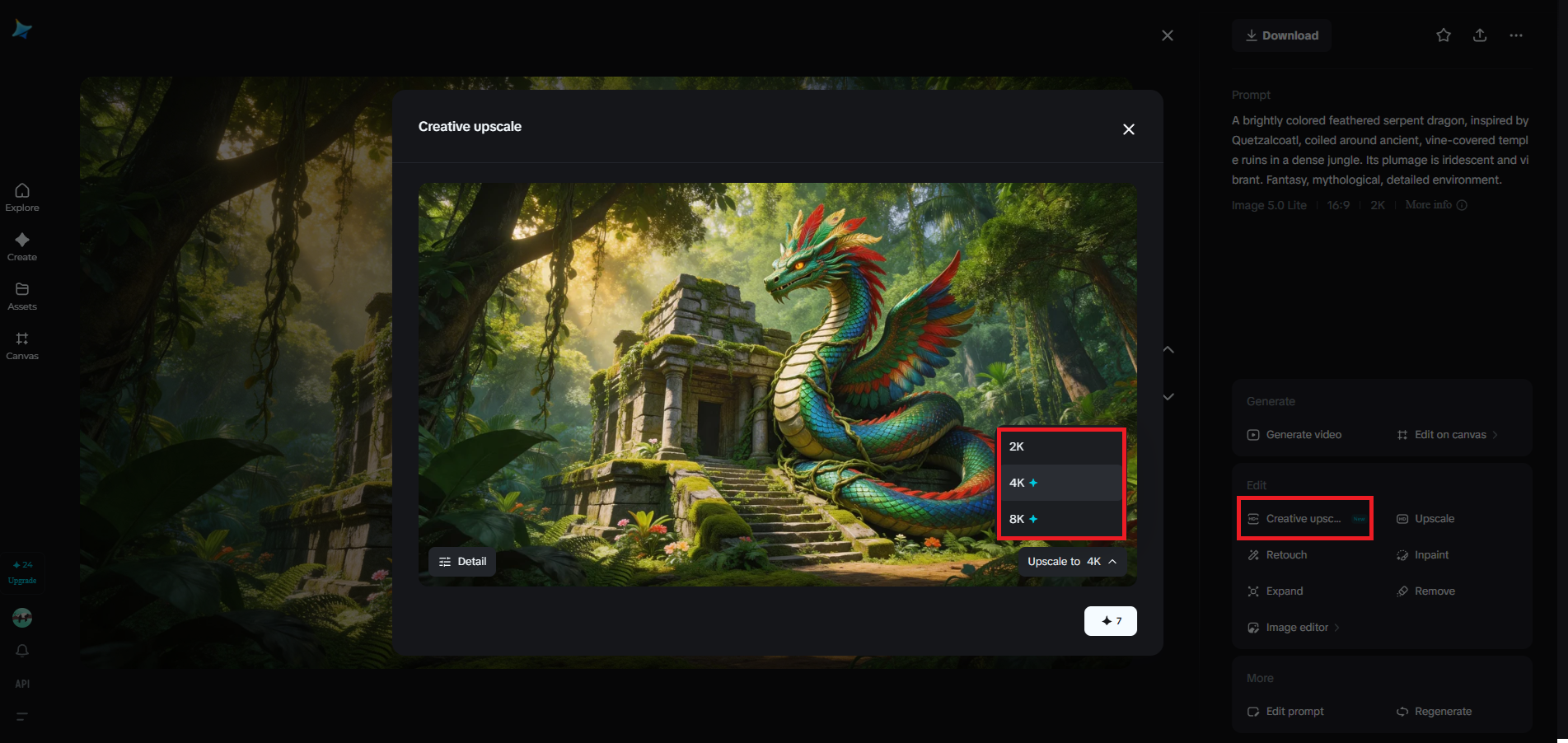Creative upscale feature in Dreamina