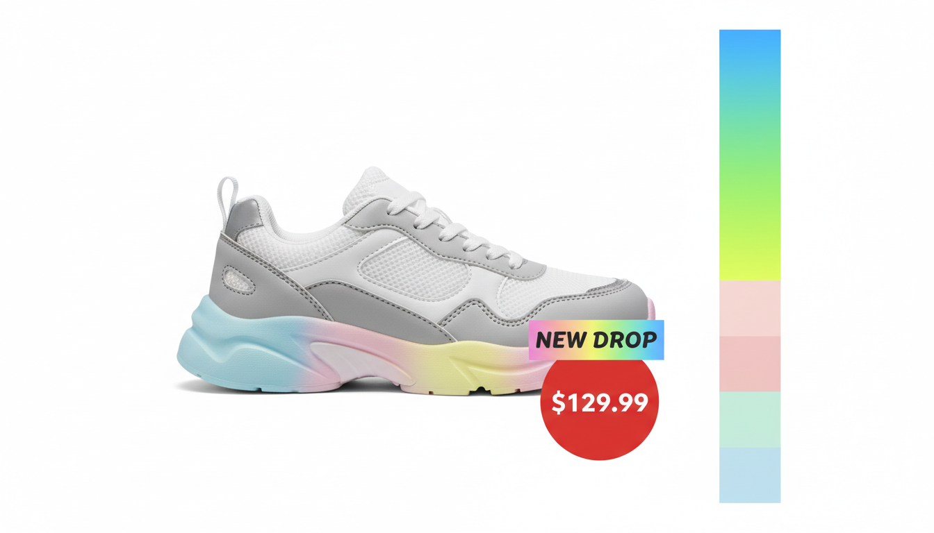 Generic athletic sneaker new drop ad on white background with neon and pastel swatch strip, price badge, NEW DROP sticker placeholder, Shopify-ready 16:9 layout.