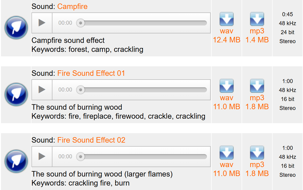 Interfaz de SoundJay: el mejor lugar para encontrar efectos de sonido crepitantes de fuego