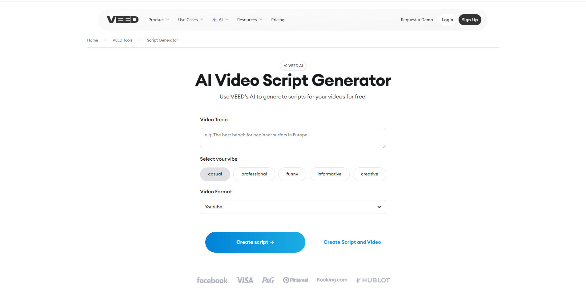 Interface ngVEED.IO - isang mahalagang video script generator