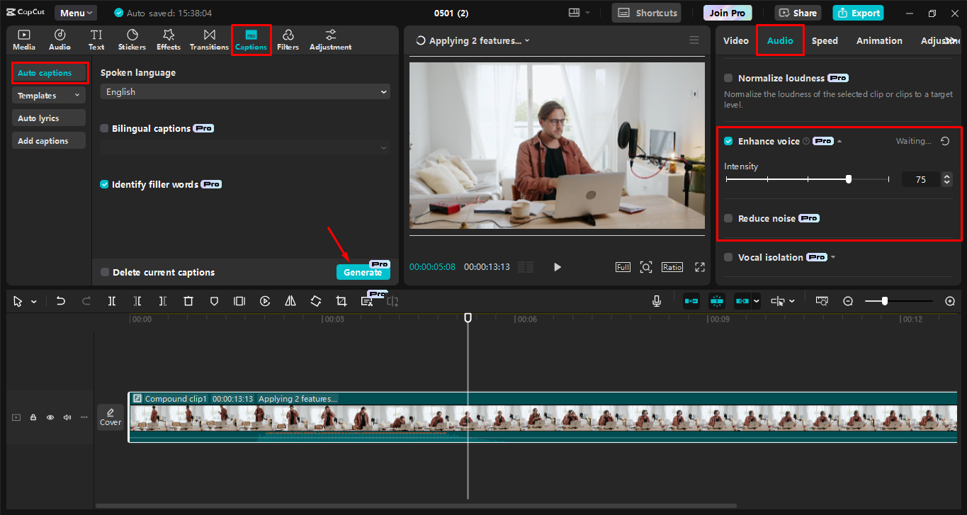 Editing the podcast in the CapCut desktop video editor