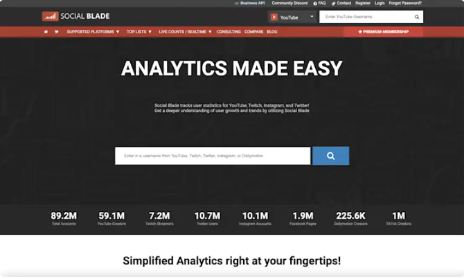 Interface van Social Blade - een geschikte manier om YouTube-analyses voor andere kanalen te analyseren