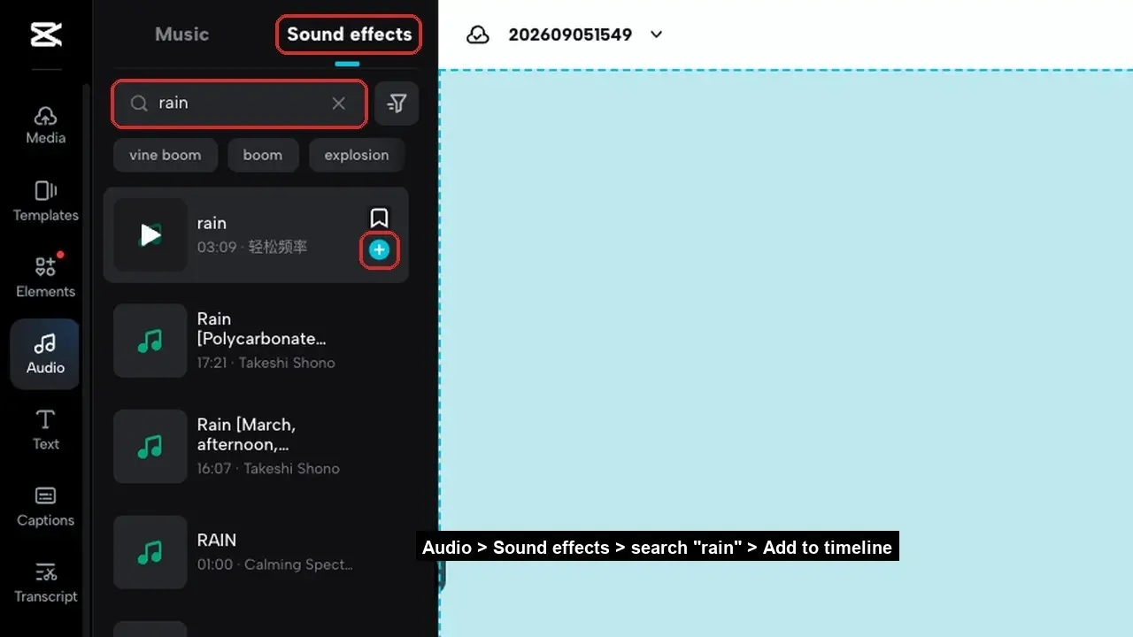 CapCut audio panel with Sound effects searched for "rain" and add button highlighted