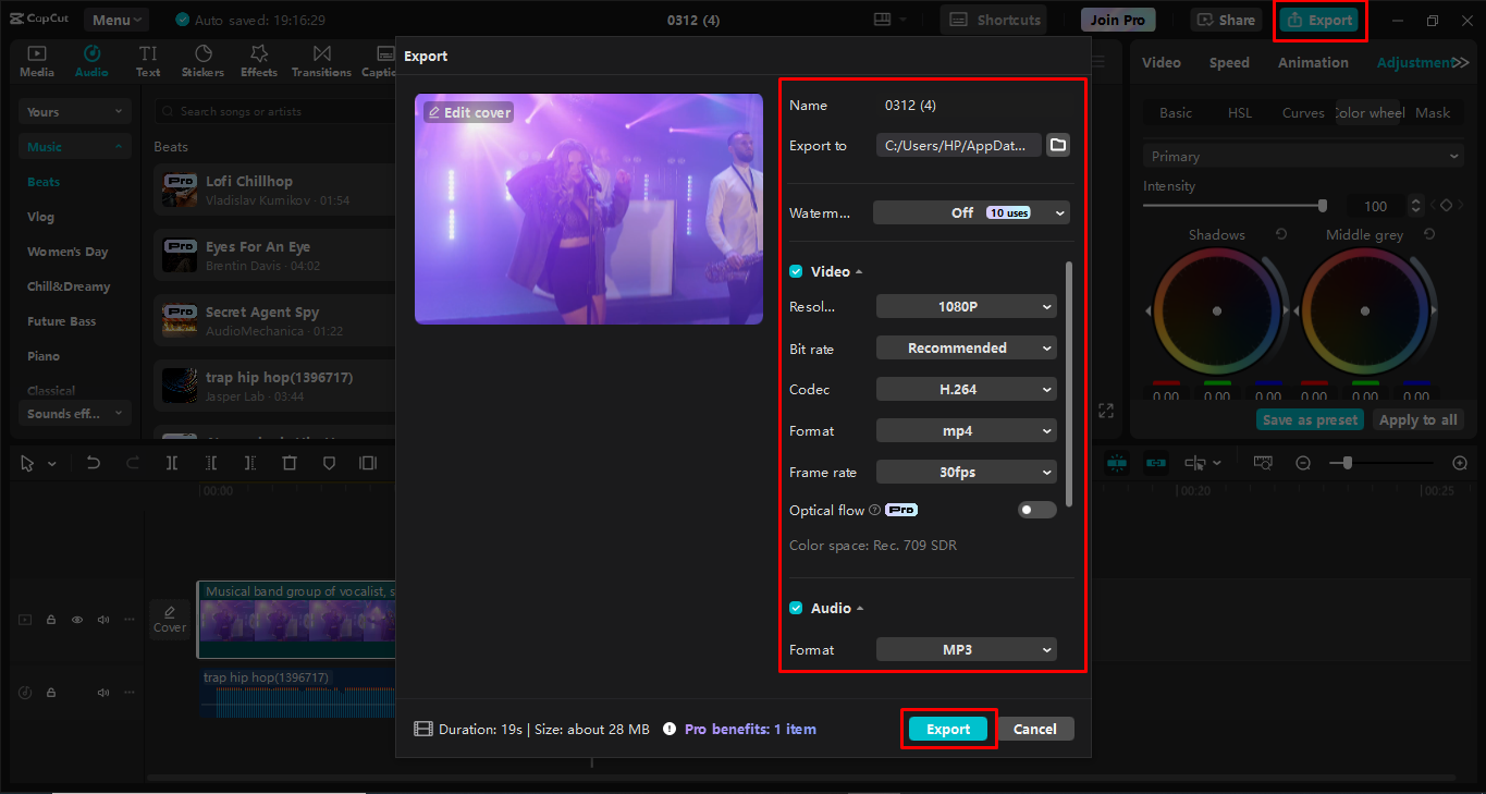 Exporting the video project from the CapCut desktop video editor