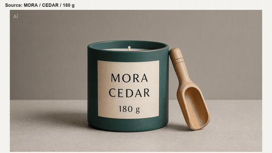 The source candle with a wooden scoop alternates with the selected cleaned image, retaining MORA, CEDAR, and 180 g.
