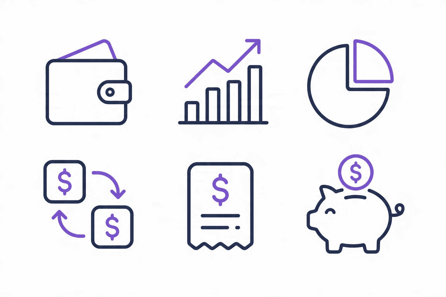 Set of 6 flat line icons for a finance app