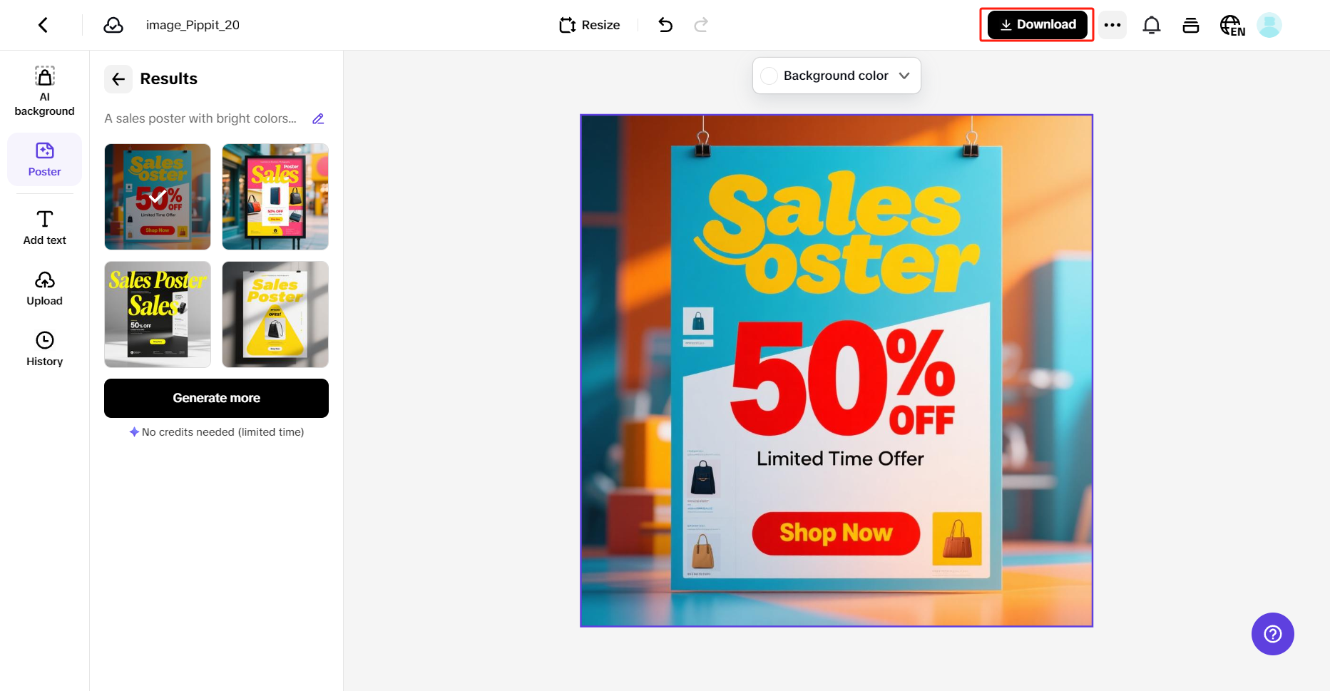 Exporting a sales poster from Pippit