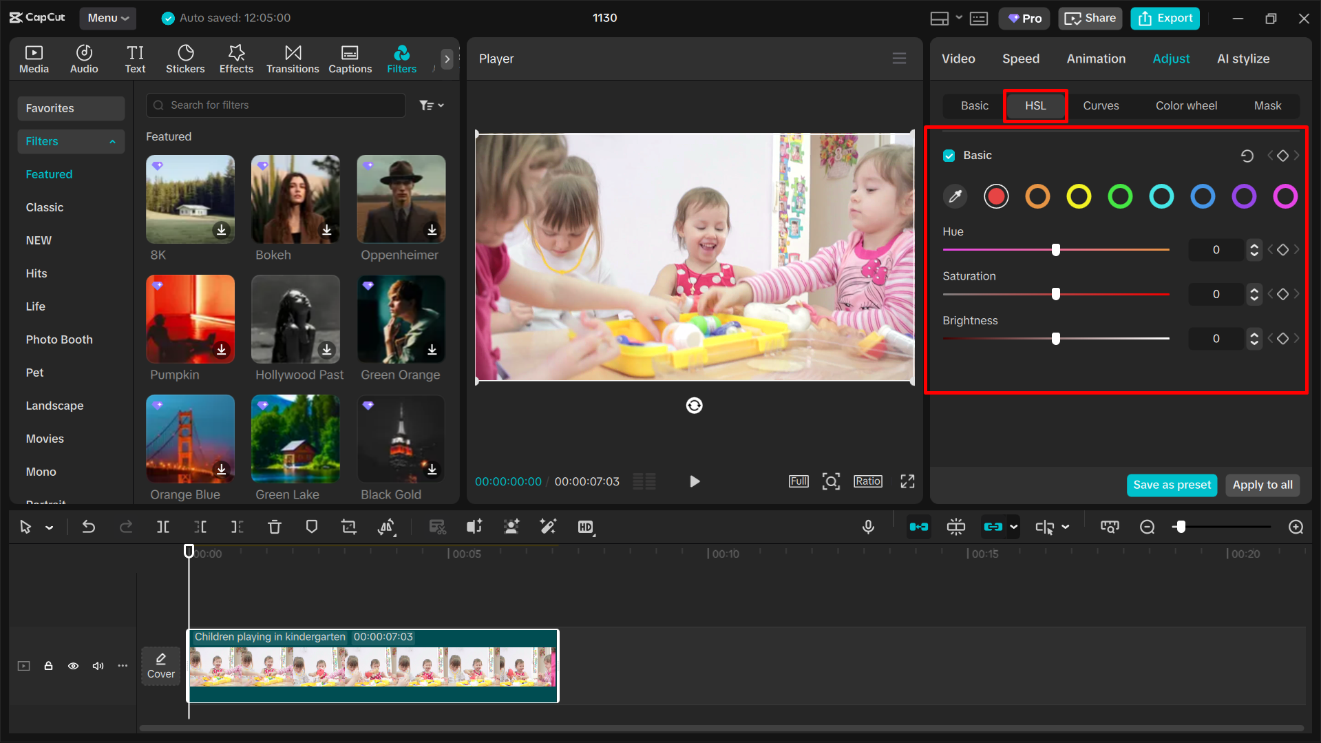 HSL adjustment in CapCut