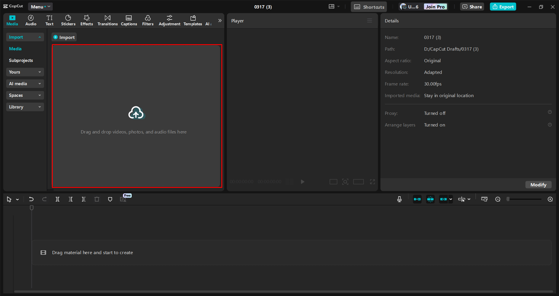 Importing a video into the CapCut desktop video editor