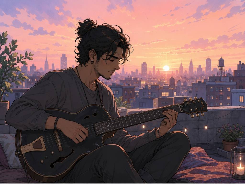 Webtoon IA Filtro prompt exemplo 5 - Músico pastel de telhado