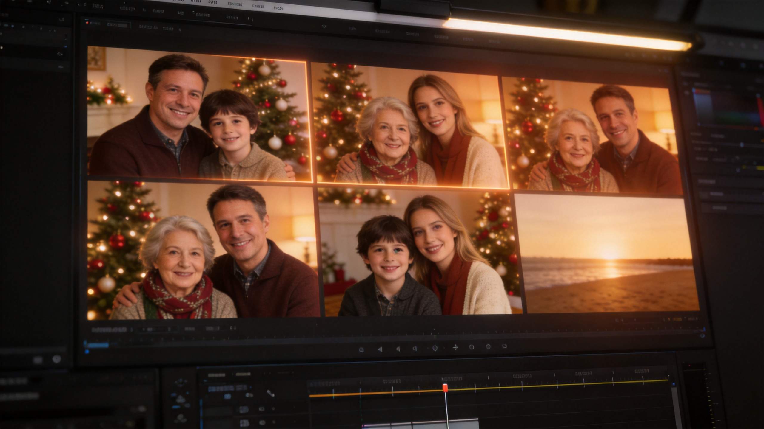 Holiday photo collage in a video editor, with family portraits and a sunset clip