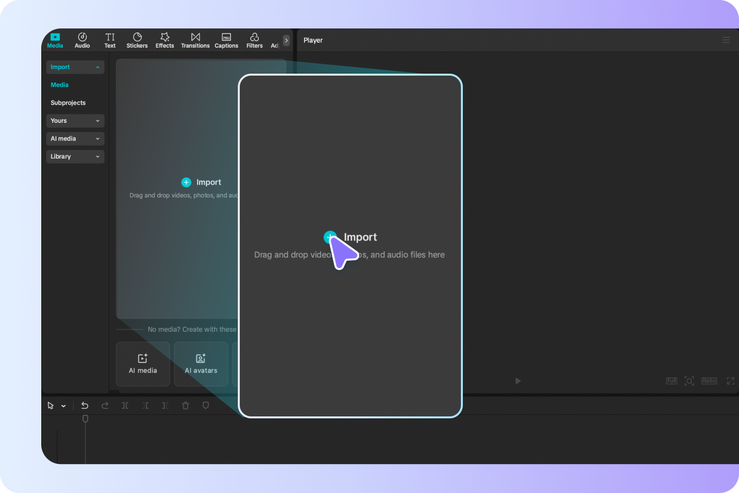 Importing video clips into the CapCut desktop video editor.