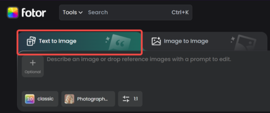 Accessing the Fotor's text to image tool