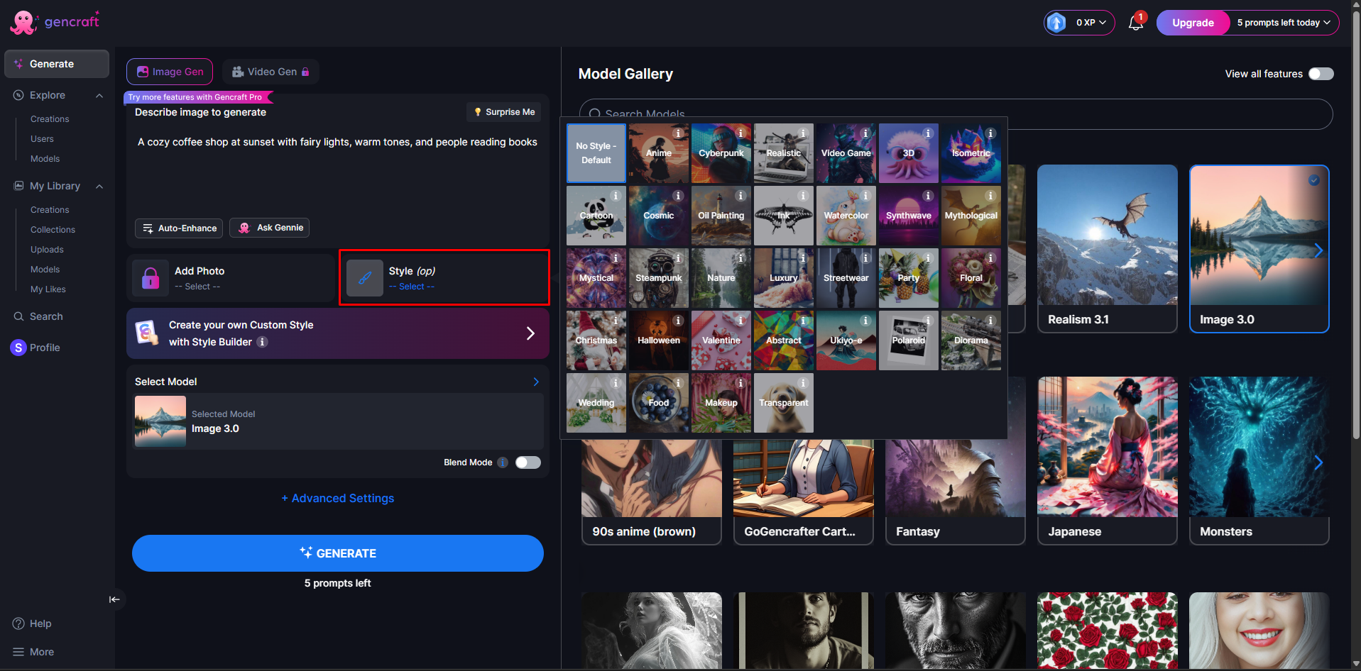 Die Auswahl eines Bildstils im Gencraft AI-Art-Generator