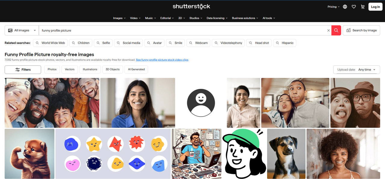 Interface of Shutterstock - a place to find funny Facebook profile images