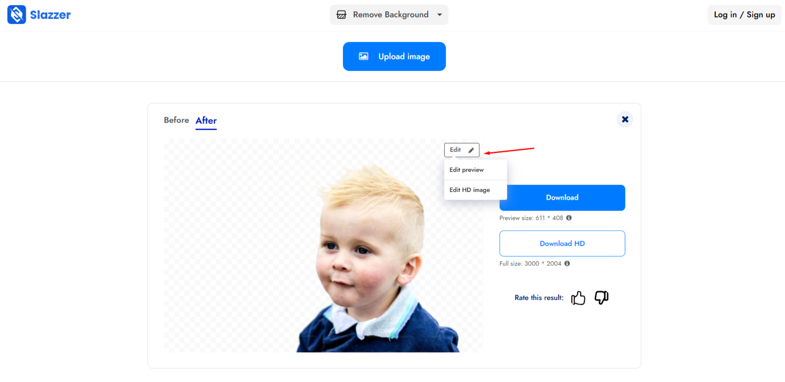 Previewing the image with no BG in Slazzer