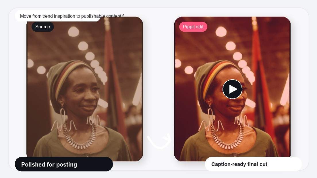 Imej realistik Pembuat Video Teaser Produk "Tap To Reveal" untuk bergerak dari inspirasi trend kepada kandungan boleh terbit dengan lebih pantas.