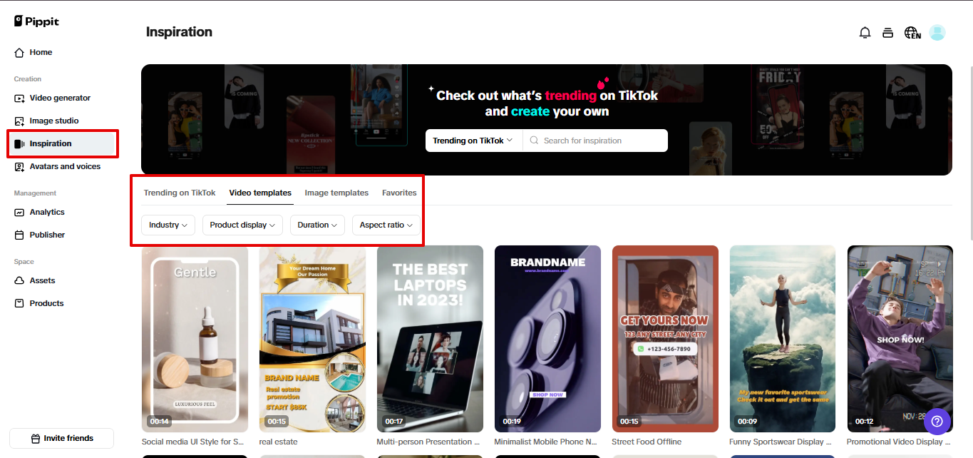 Pippit's inspiration section