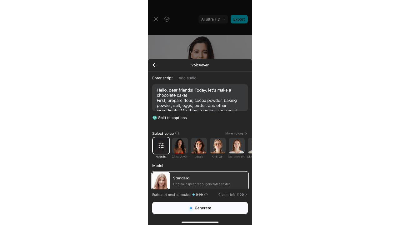 Enter script, select voice and generate