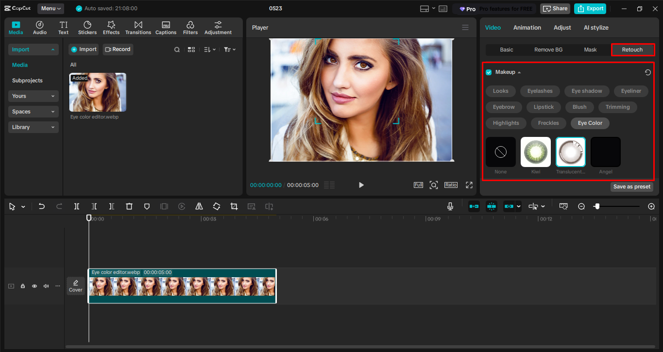 Changing the eye color in the CapCut desktop video editor