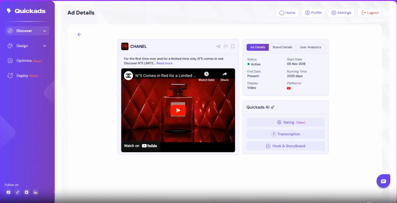 Interface de Quickads - un générateur d'annonces vidéo AI bien connu