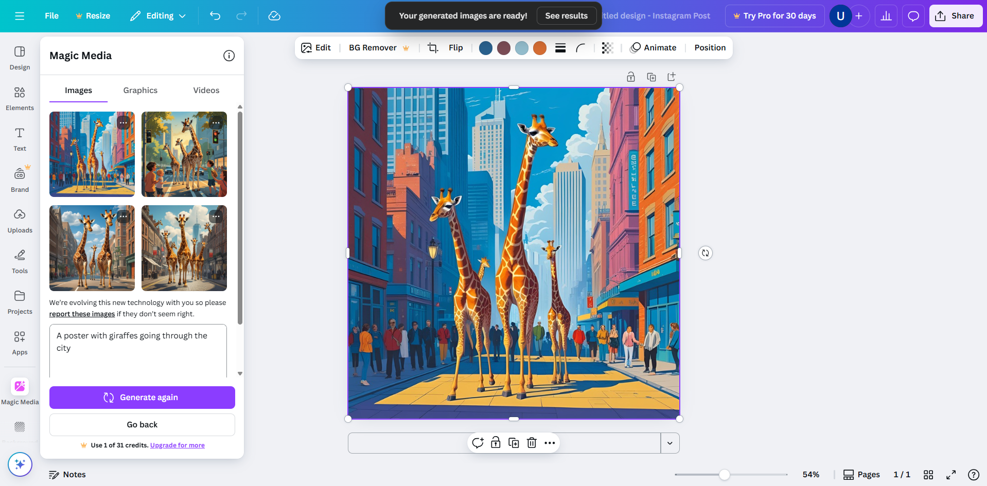 Interfaz del generador de pósteres con IA de Canva