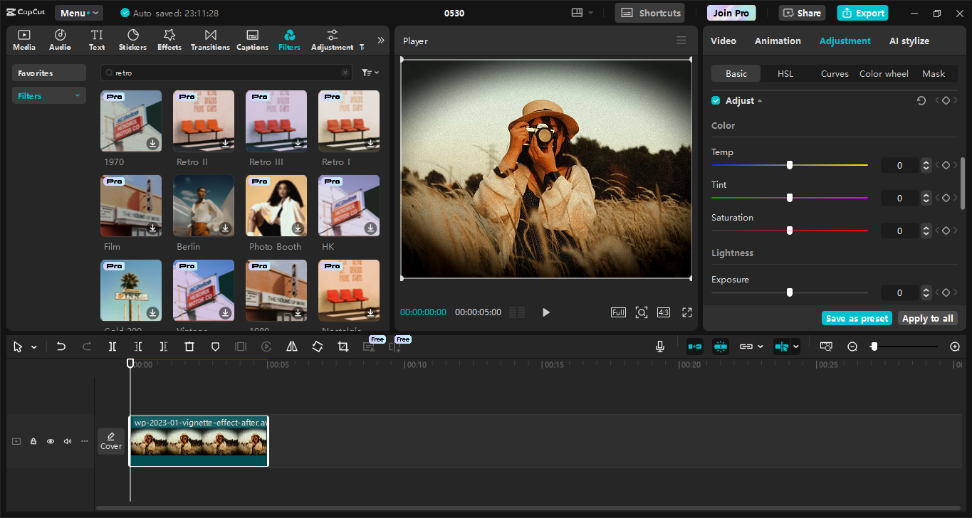 Interfaz de edición del CapCut editor de video de escritorio: una aplicación de filtro retro efectiva para mejorar fotos y videos
