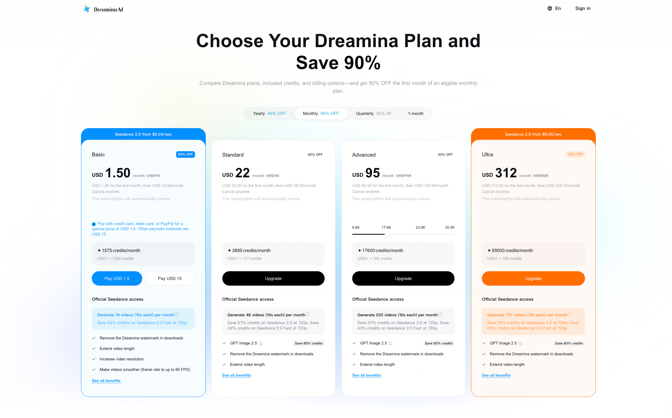 Informations sur les prix et les plans de Dreamina