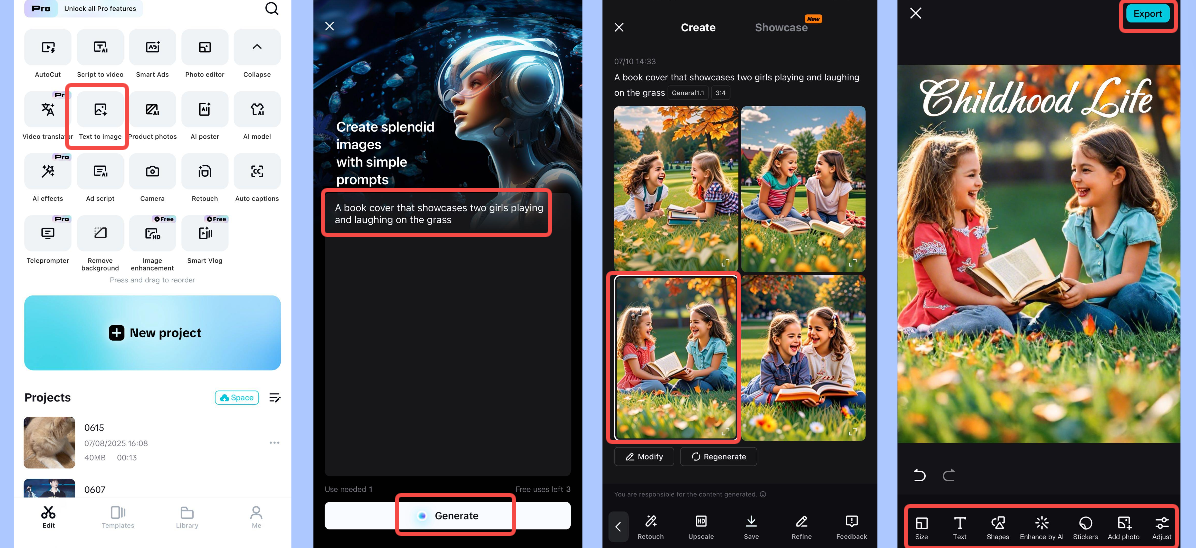 Generate an ebook cover using CapCut's text to image feature