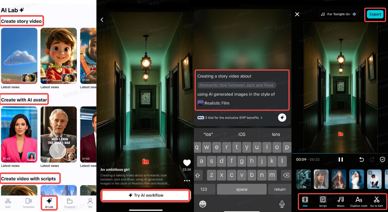Using AI templates to create a video in the Capcut mobile app