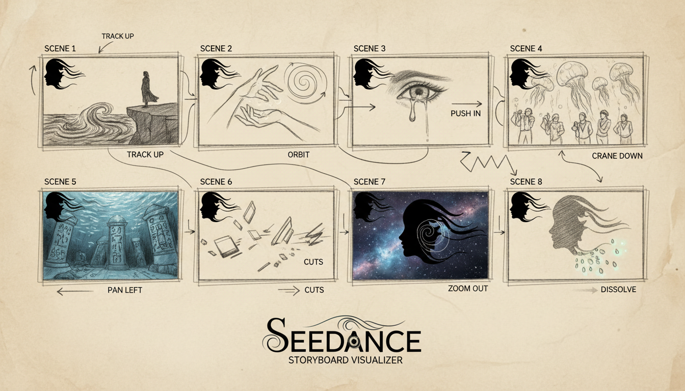 Thumbnail A — Seedance continuity storyboard frames with camera path glyphs.