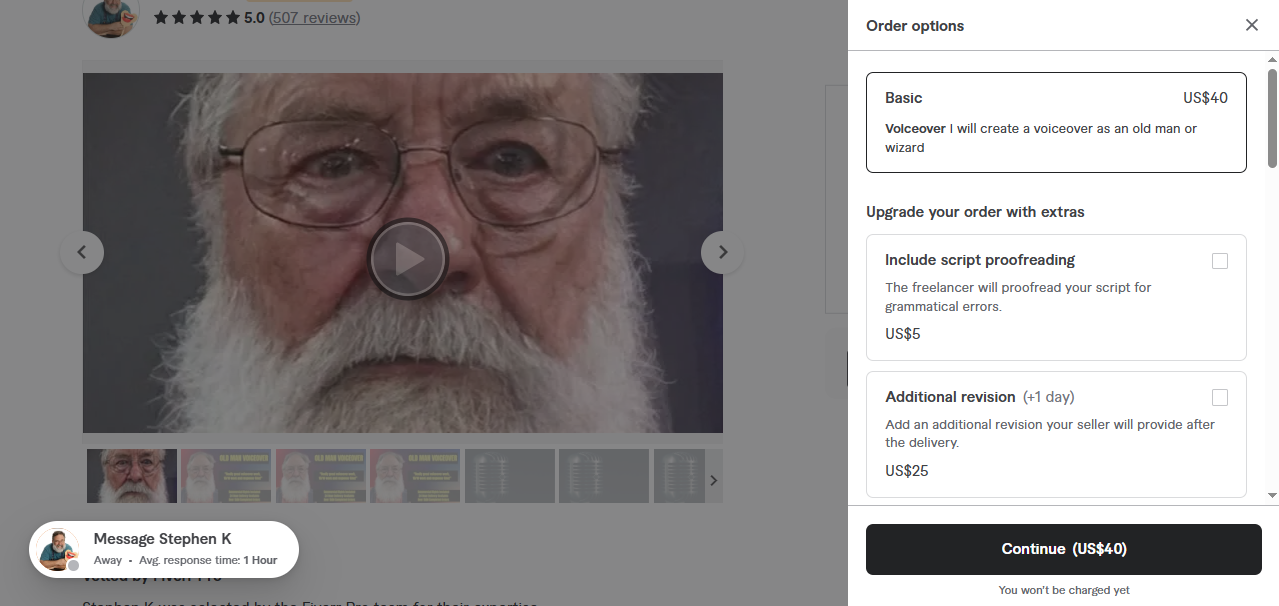 Размещение заказа на озвучку в стиле старика на Fiverr.