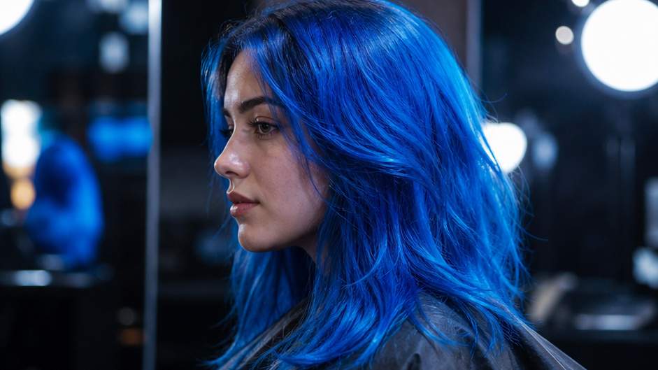 Blue Hair Effect - lebendige elektrisch-blaue Haartransformation unter Studiolichtern