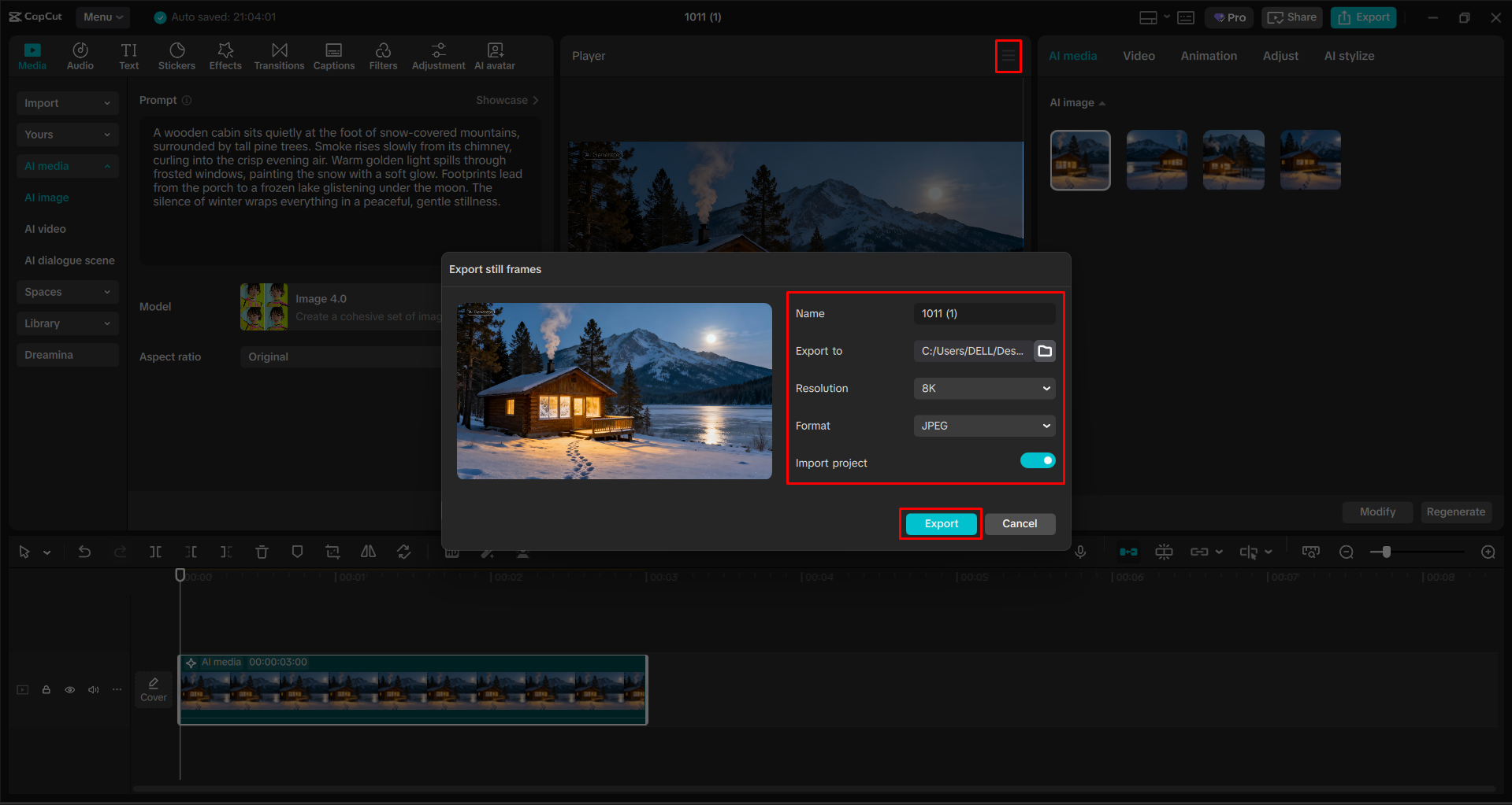 Downloading the image from the CapCut desktop video editor