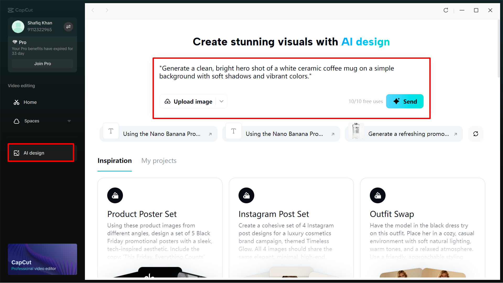Accessing AI design or uploading the product image to the CapCut desktop video editor