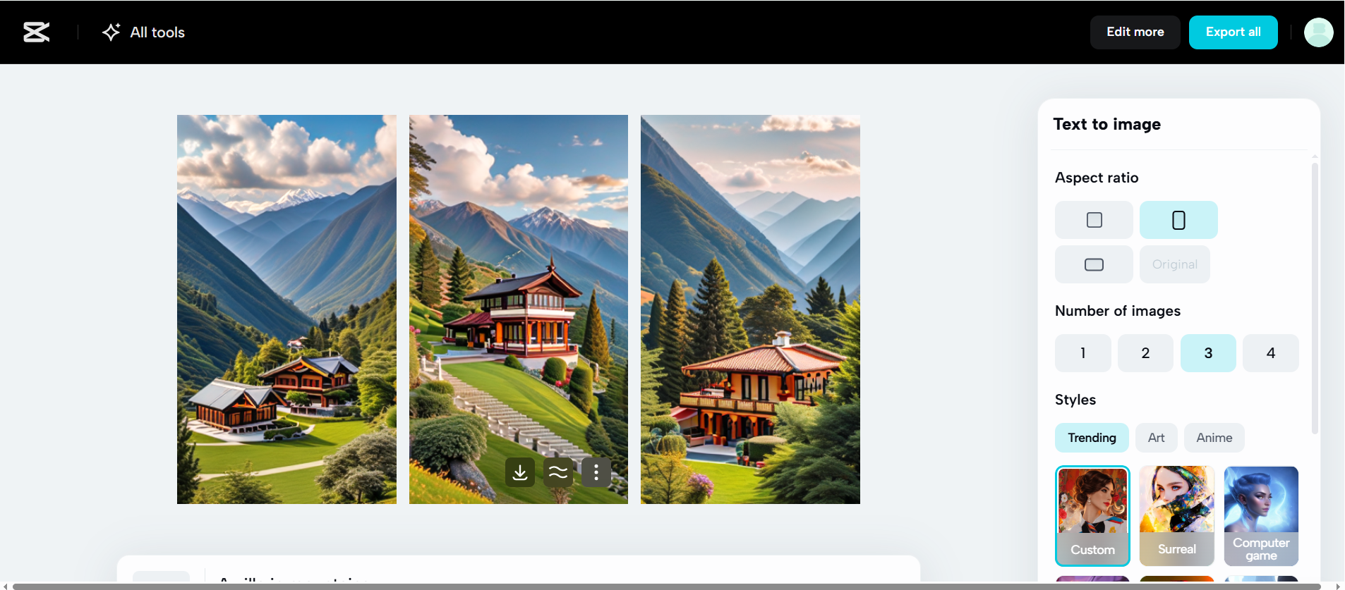 The interface of the CapCut Web - the best tool to generate images from prompts