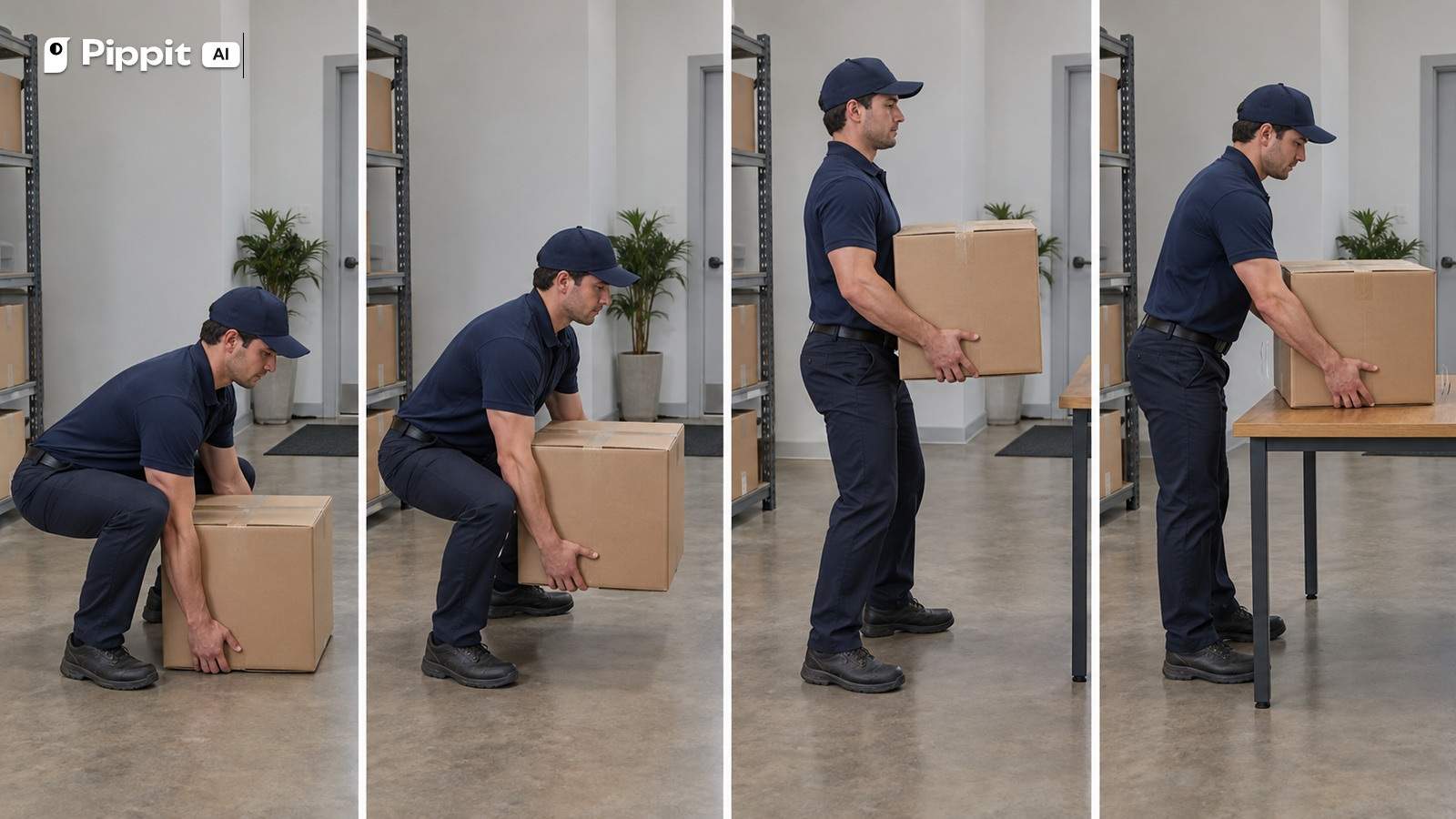 Four sequential views show a delivery worker lifting a large box onto a table.