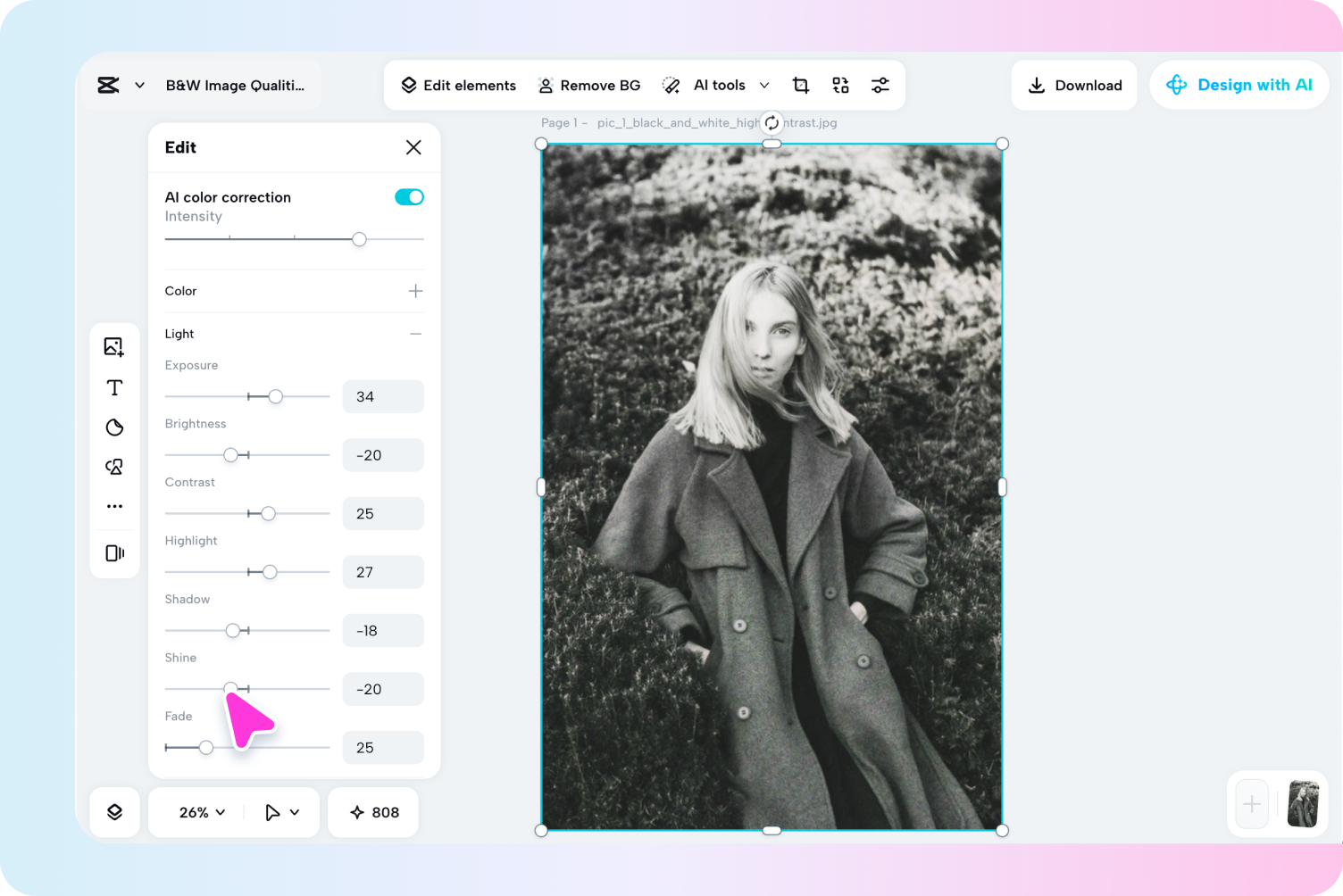Adjusting black and white photo settings in CapCut