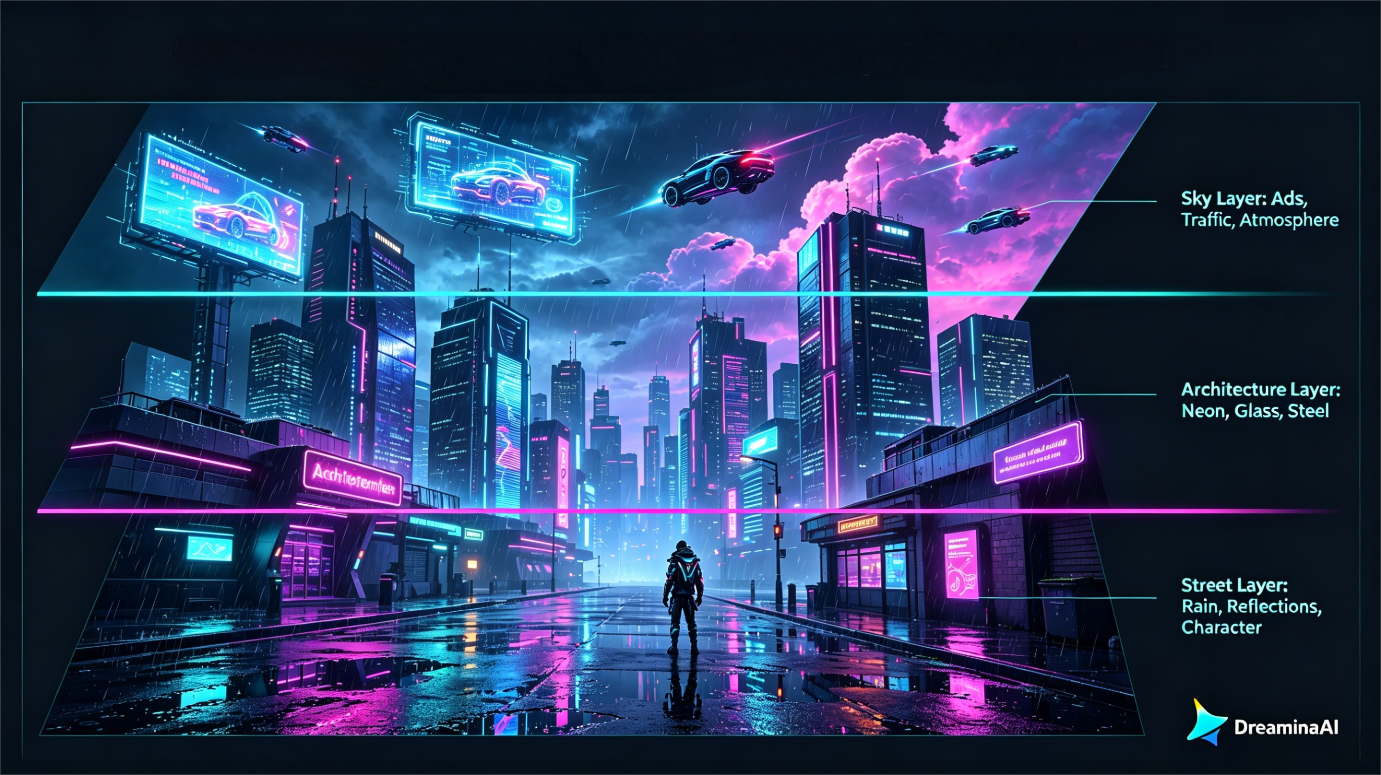 Dreamina AI generating cyberpunk art with neon cityscapes, cinematic lighting, rain reflections, and layered cyberpunk characters for campaigns.