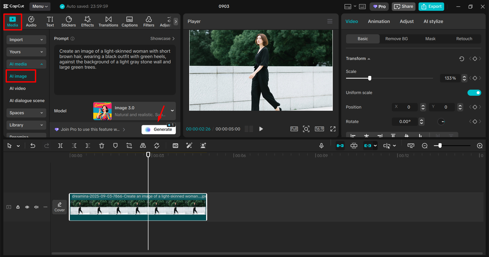 Converting an image in the CapCut desktop video editor